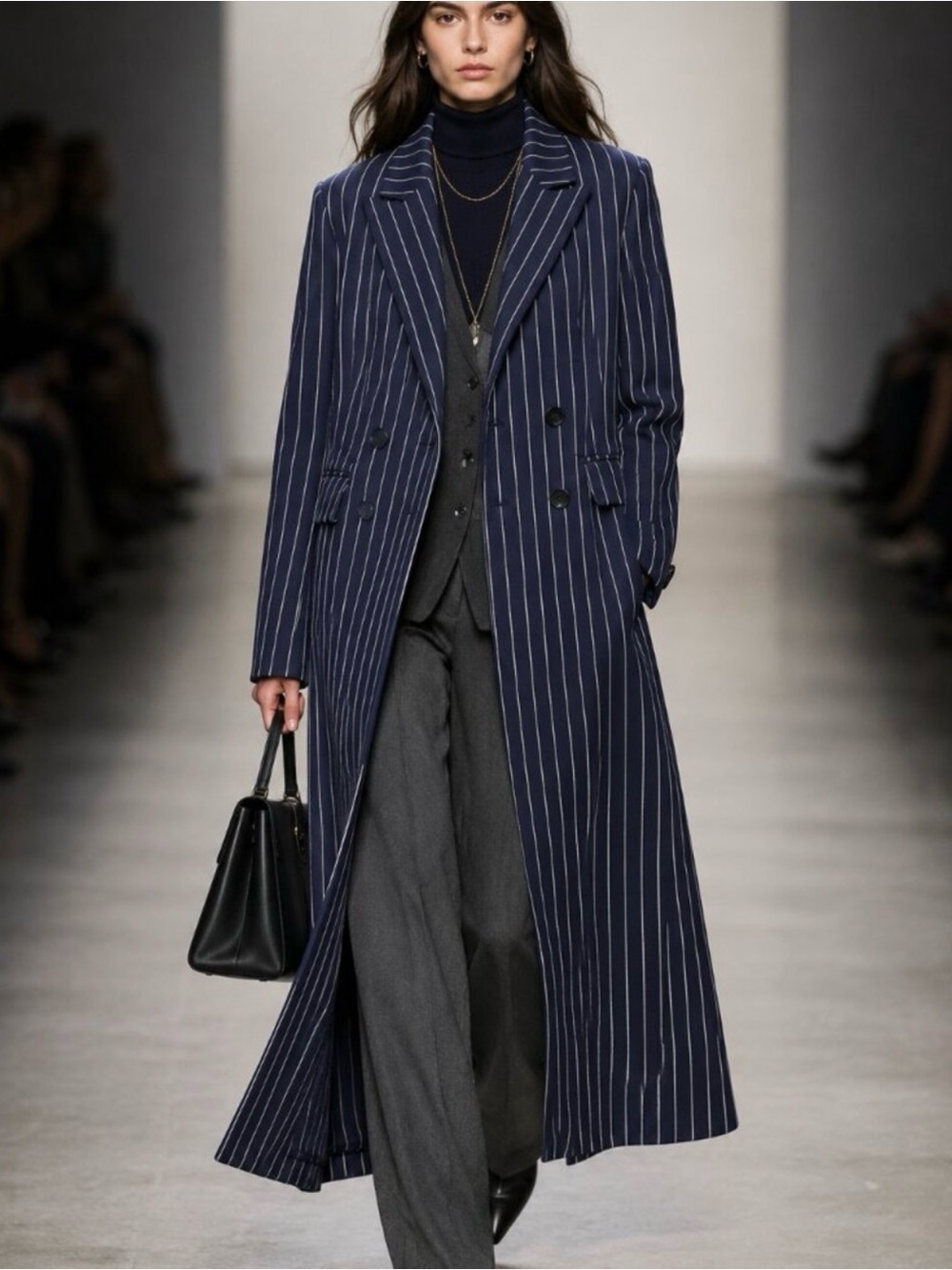 Princess Polly Navy Pinstripe Double-Breasted Trench Coat - Picture 2 of 4